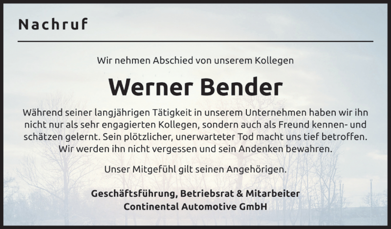  Traueranzeige für Werner Bender vom 13.10.2018 aus vrm-trauer
