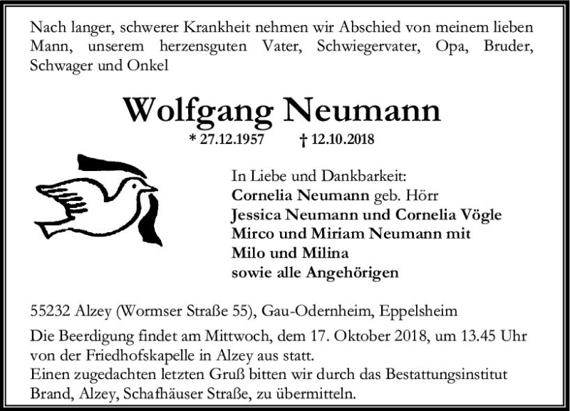  Traueranzeige für Wolfgang Neumann vom 15.10.2018 aus vrm-trauer