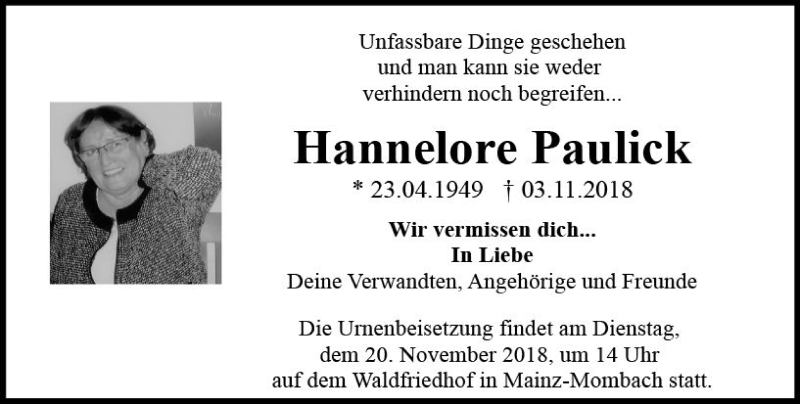  Traueranzeige für Hannelore Paulick vom 17.11.2018 aus vrm-trauer