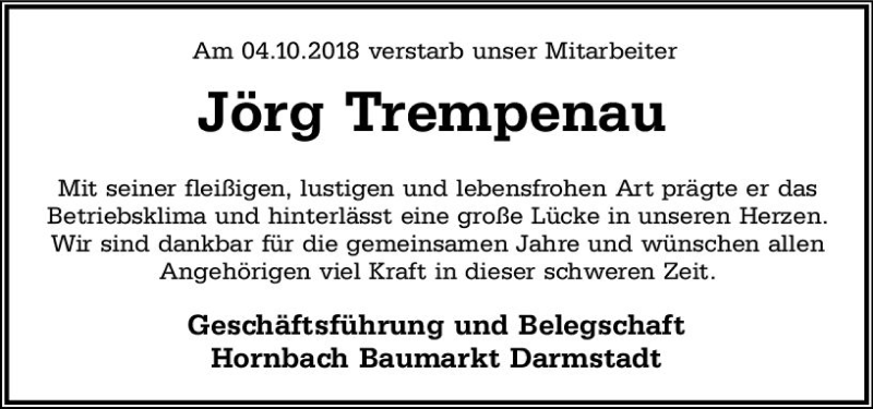  Traueranzeige für Jörg Trempenau vom 05.11.2018 aus vrm-trauer