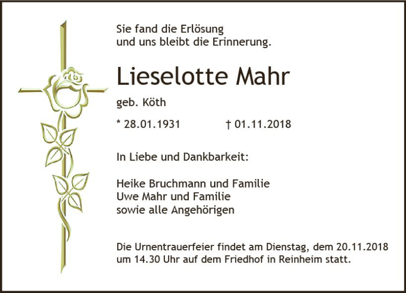  Traueranzeige für Lieselotte Mahr vom 17.11.2018 aus vrm-trauer
