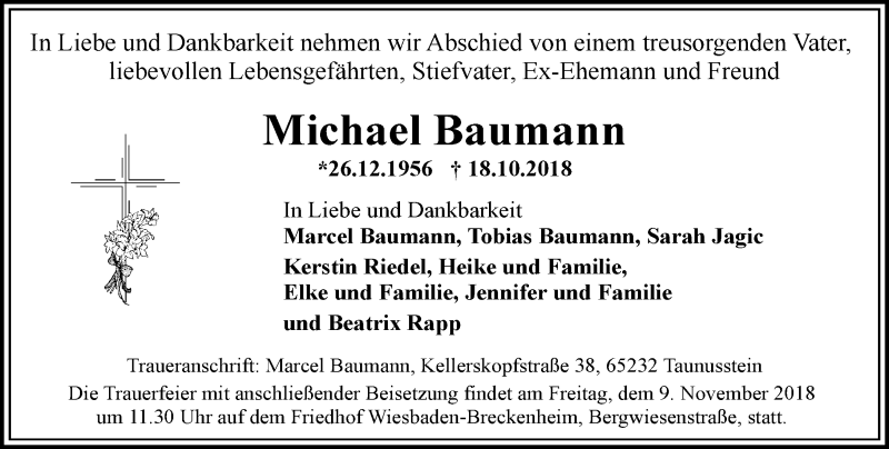  Traueranzeige für Michael Baumann vom 03.11.2018 aus vrm-trauer