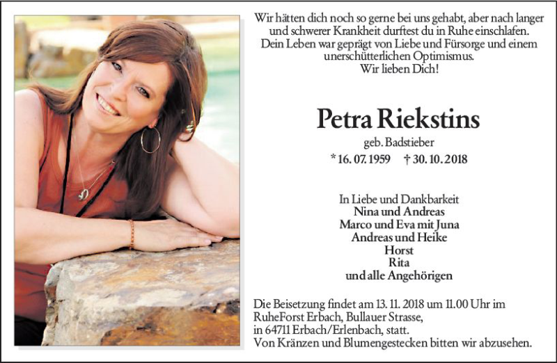  Traueranzeige für Petra Riekstins vom 08.11.2018 aus vrm-trauer
