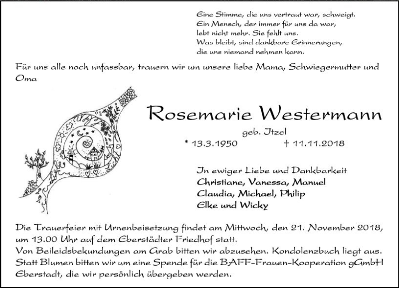  Traueranzeige für Rosemarie Westermann vom 17.11.2018 aus vrm-trauer