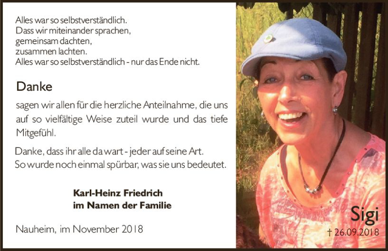  Traueranzeige für Sigi Friedrich vom 10.11.2018 aus vrm-trauer