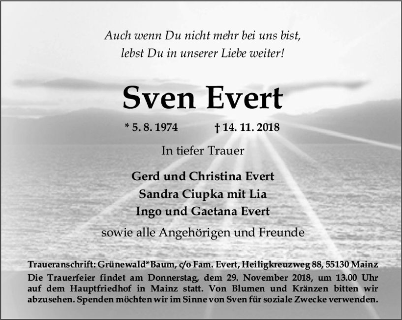 Traueranzeige für Sven Evert vom 17.11.2018 aus vrm-trauer
