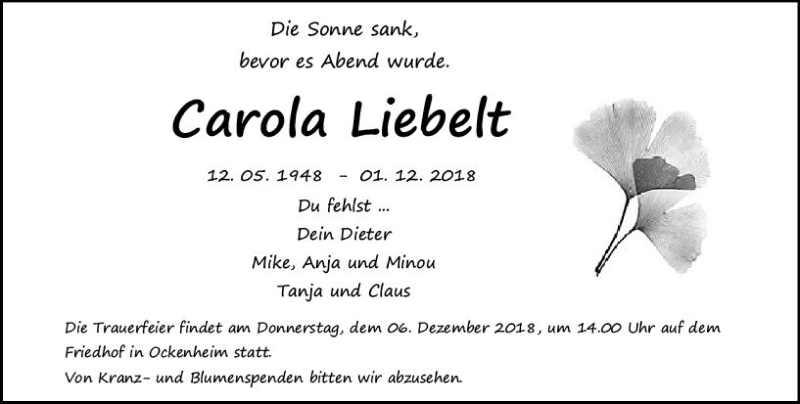  Traueranzeige für Carola Liebelt vom 04.12.2018 aus vrm-trauer