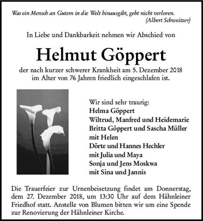  Traueranzeige für Helmut Göppert vom 08.12.2018 aus vrm-trauer