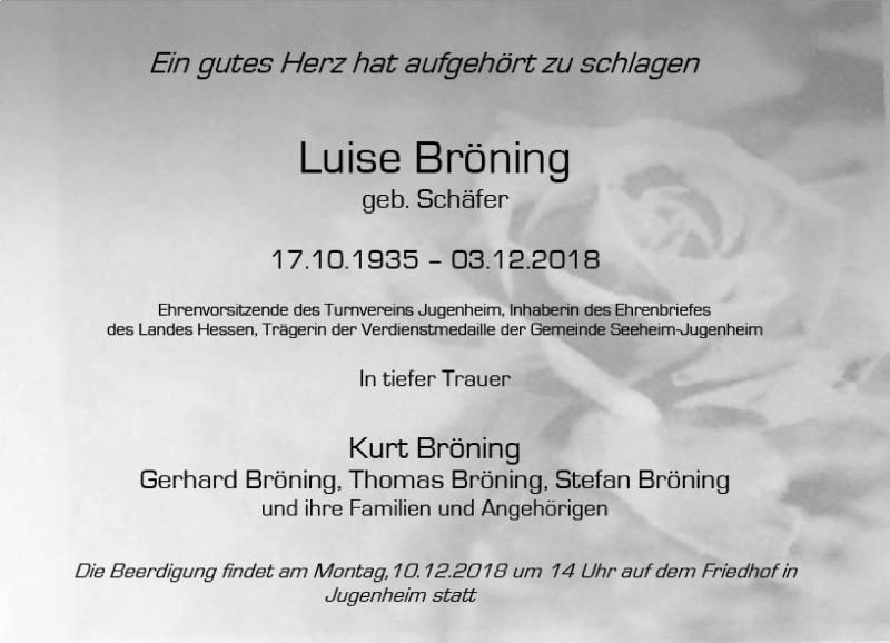  Traueranzeige für Luise Bröning vom 06.12.2018 aus vrm-trauer