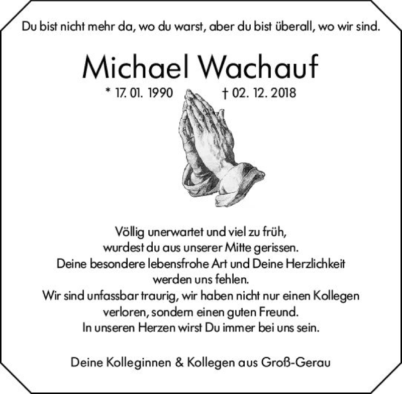  Traueranzeige für Michael Wachauf vom 08.12.2018 aus vrm-trauer