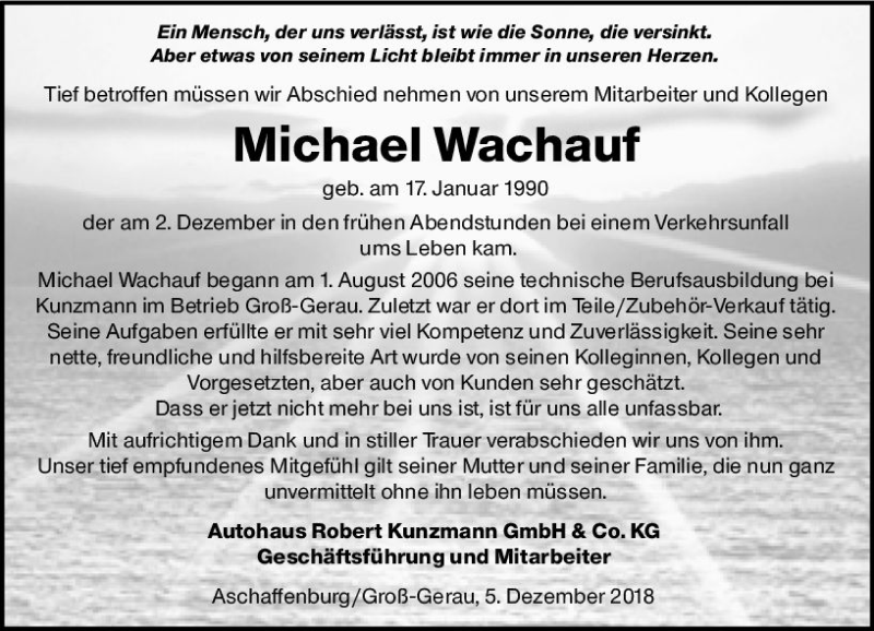  Traueranzeige für Michael Wachauf vom 07.12.2018 aus vrm-trauer