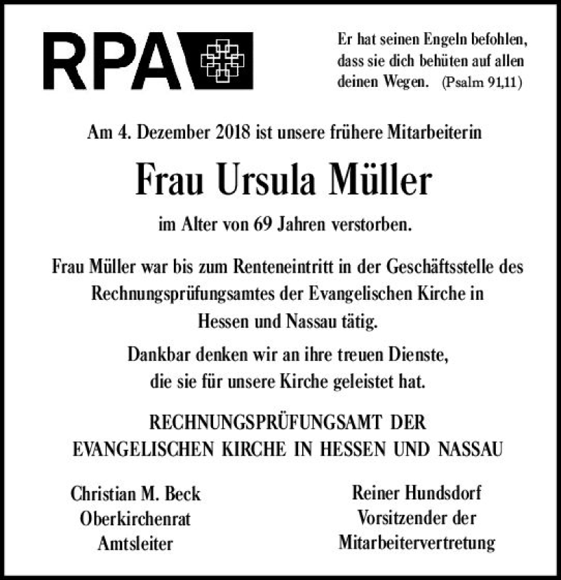  Traueranzeige für Ursula Müller vom 12.12.2018 aus vrm-trauer