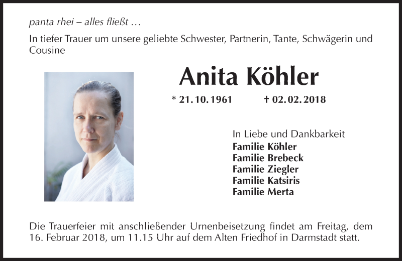  Traueranzeige für Anita Köhler vom 10.02.2018 aus Trauerportal Rhein Main Presse