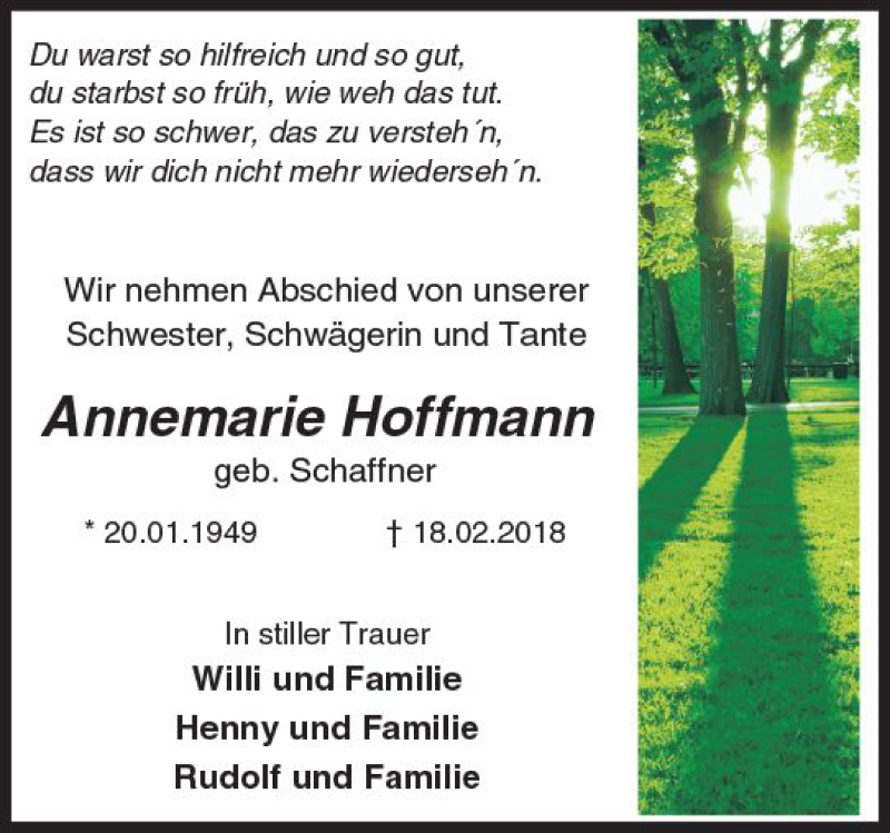  Traueranzeige für Annemarie Hoffmann vom 21.02.2018 aus Trauerportal Rhein Main Presse