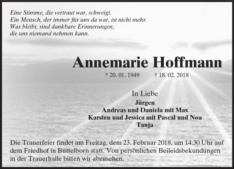  Traueranzeige für Annemarie Hoffmann vom 21.02.2018 aus Trauerportal Rhein Main Presse