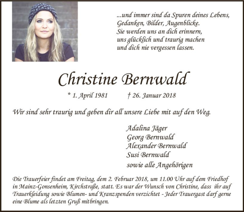  Traueranzeige für Christine Bernwald vom 01.02.2018 aus Trauerportal Rhein Main Presse