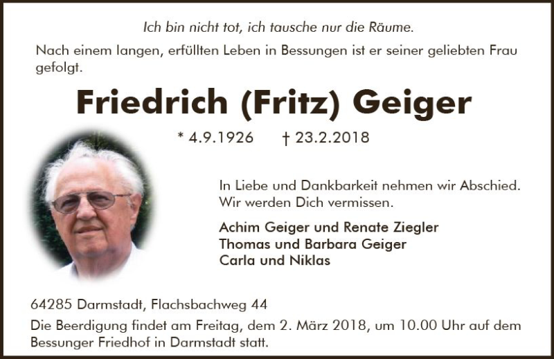  Traueranzeige für Friedrich Geiger vom 28.02.2018 aus Trauerportal Rhein Main Presse