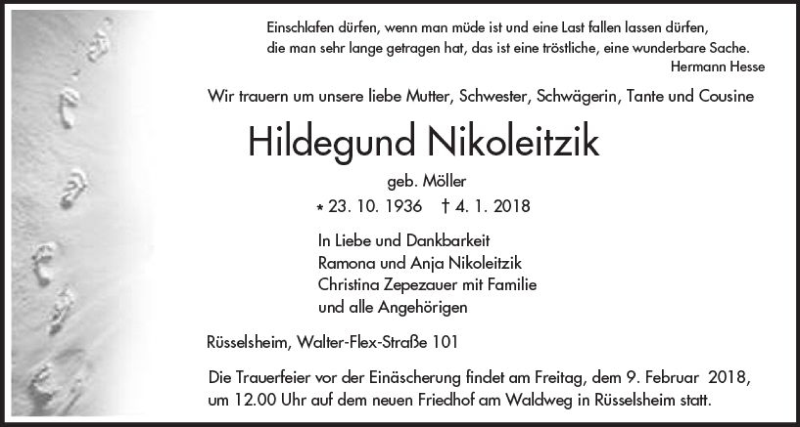  Traueranzeige für Hildegund Nikoleitzik vom 07.02.2018 aus Trauerportal Rhein Main Presse