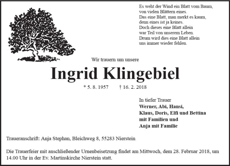  Traueranzeige für Ingrid Klingebiel vom 22.02.2018 aus Trauerportal Rhein Main Presse
