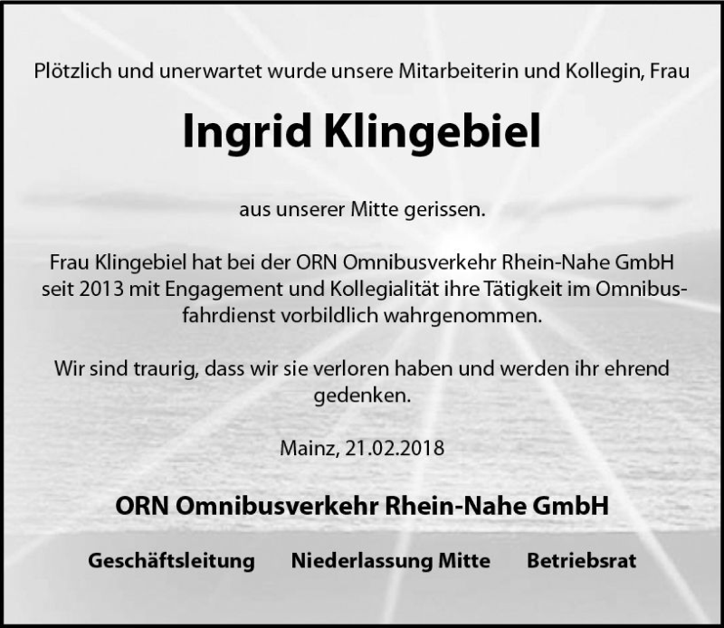  Traueranzeige für Ingrid Klingebiel vom 24.02.2018 aus Trauerportal Rhein Main Presse
