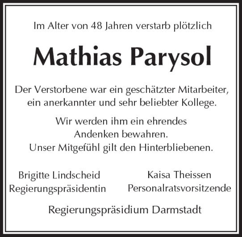  Traueranzeige für Mathias Parysol vom 24.02.2018 aus Trauerportal Rhein Main Presse