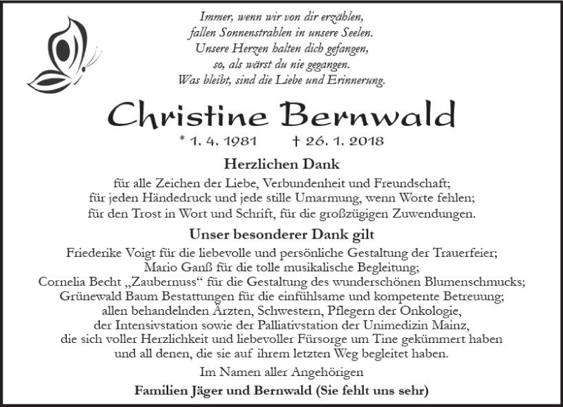  Traueranzeige für Christine Bernwald vom 03.03.2018 aus Trauerportal Rhein Main Presse
