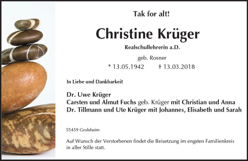  Traueranzeige für Christine Krüger vom 17.03.2018 aus Trauerportal Rhein Main Presse