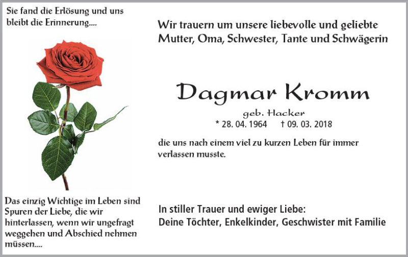  Traueranzeige für Dagmar Kromm vom 17.03.2018 aus  Kreisanzeiger