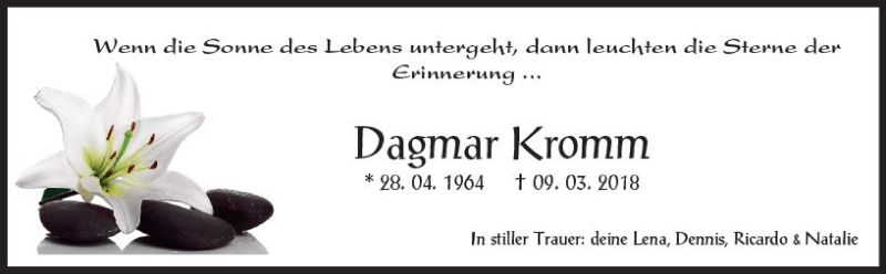  Traueranzeige für Dagmar Kromm vom 17.03.2018 aus  Kreisanzeiger
