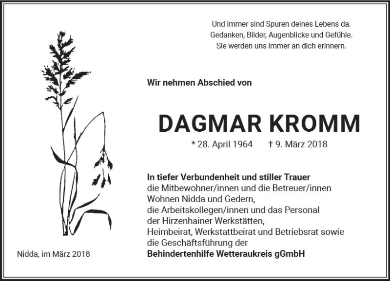  Traueranzeige für Dagmar Kromm vom 24.03.2018 aus  Kreisanzeiger
