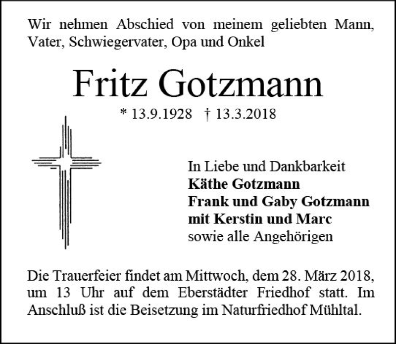 Traueranzeige für Fritz Gotzmann vom 24.03.2018 aus Trauerportal Rhein Main Presse