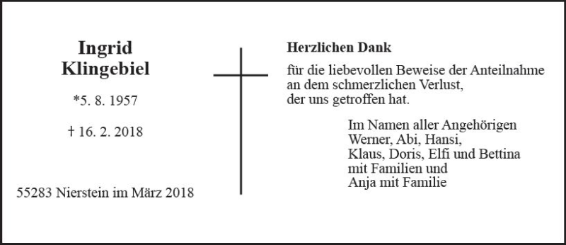  Traueranzeige für Ingrid Klingebiel vom 31.03.2018 aus Trauerportal Rhein Main Presse