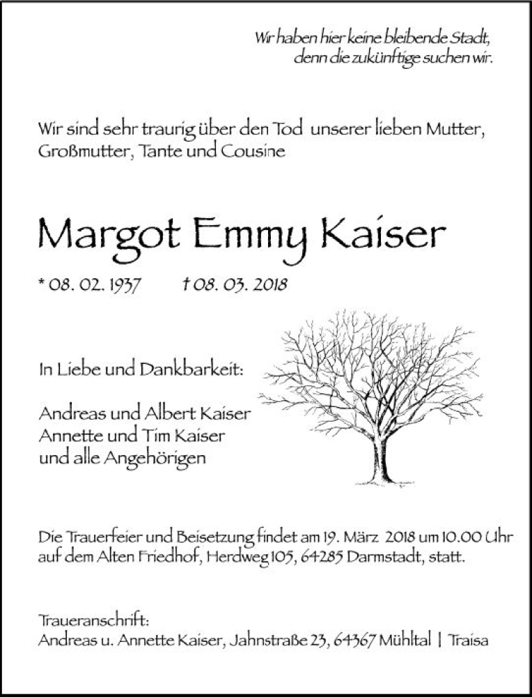  Traueranzeige für Margot Emmy Kaiser vom 14.03.2018 aus Trauerportal Rhein Main Presse