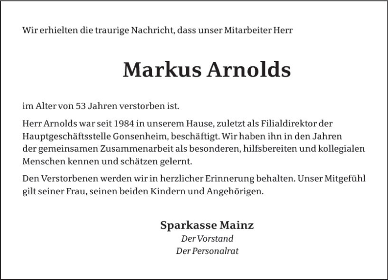  Traueranzeige für Markus Arnolds vom 17.03.2018 aus Trauerportal Rhein Main Presse