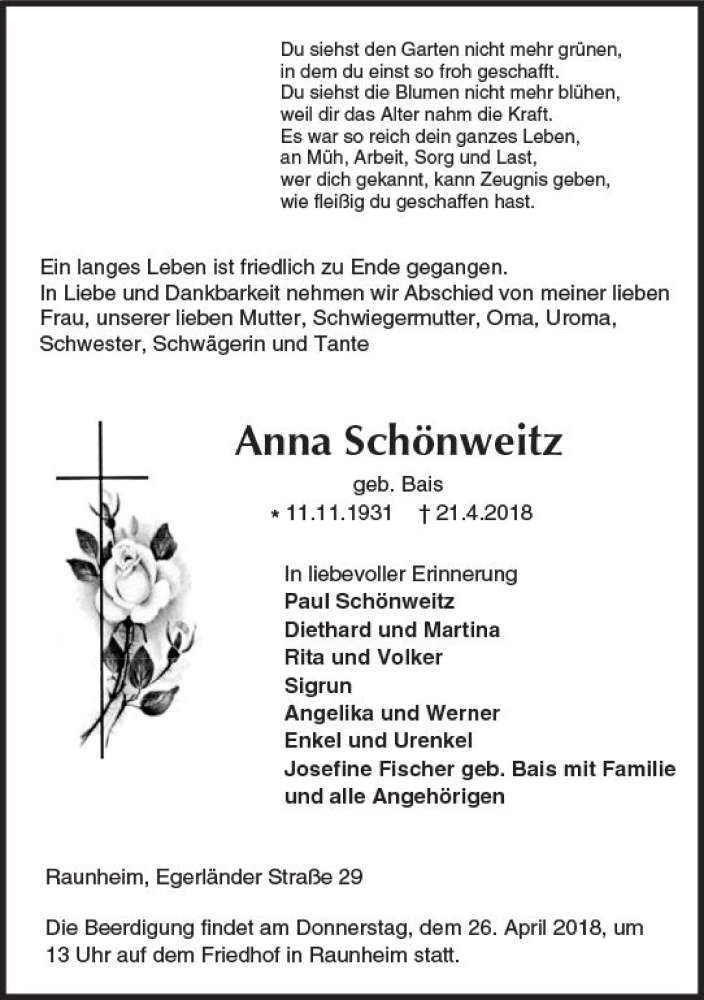  Traueranzeige für Anna Schönweitz vom 24.04.2018 aus Trauerportal Rhein Main Presse