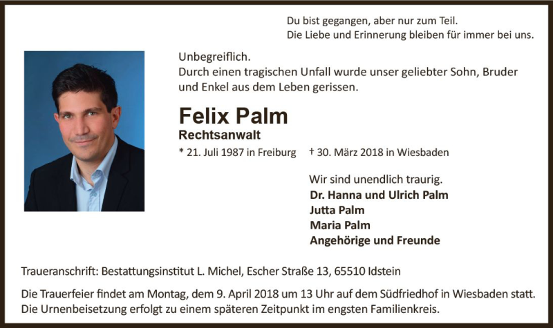  Traueranzeige für Felix Palm vom 06.04.2018 aus Trauerportal Rhein Main Presse