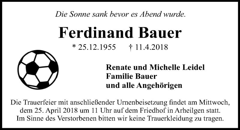  Traueranzeige für Ferdinand Bauer vom 21.04.2018 aus Trauerportal Rhein Main Presse