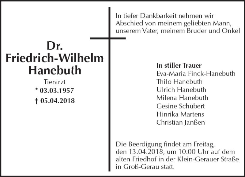  Traueranzeige für Friedrich-Wilhelm Hanebuth vom 10.04.2018 aus Trauerportal Rhein Main Presse