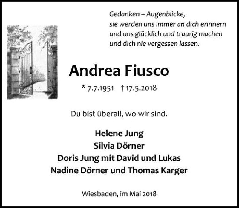  Traueranzeige für Andrea Fiusco vom 23.05.2018 aus Trauerportal Rhein Main Presse