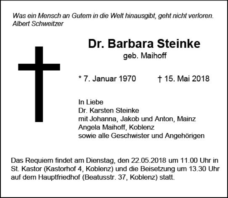  Traueranzeige für Barbara Steinke vom 19.05.2018 aus Trauerportal Rhein Main Presse