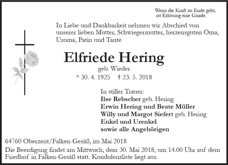  Traueranzeige für Elfriede Hering vom 26.05.2018 aus Trauerportal Rhein Main Presse