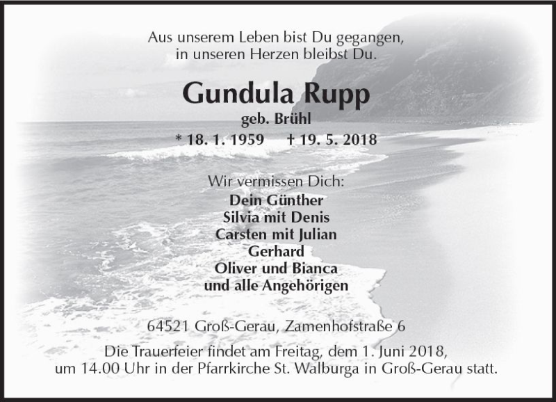  Traueranzeige für Gundula Rupp vom 26.05.2018 aus Trauerportal Rhein Main Presse