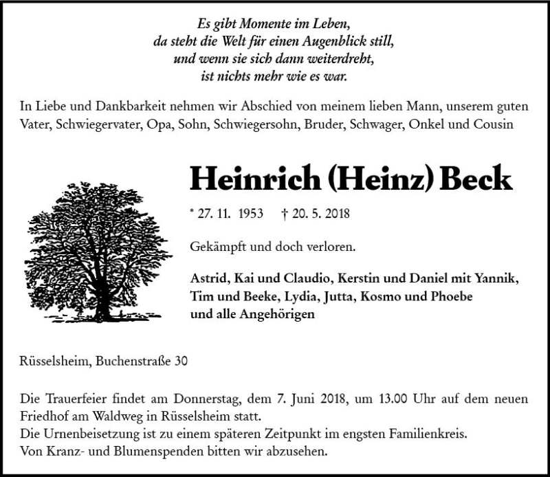  Traueranzeige für Heinrich Beck vom 26.05.2018 aus Trauerportal Rhein Main Presse