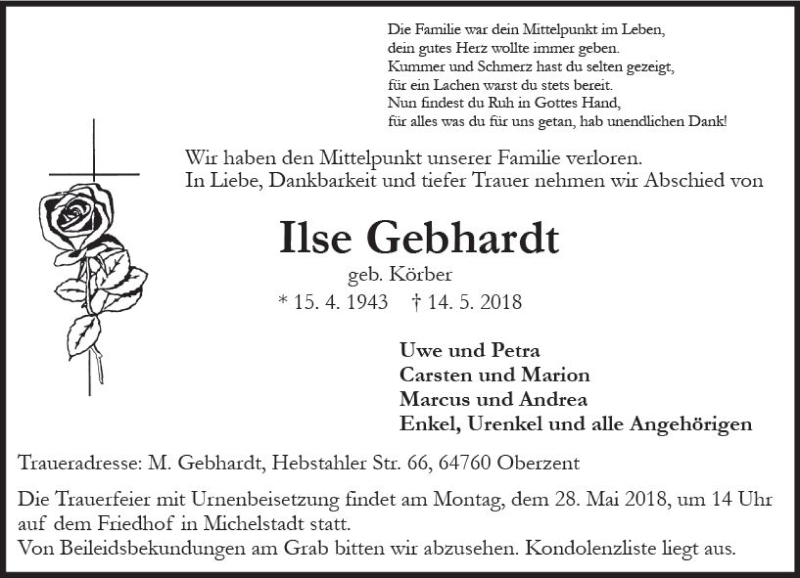  Traueranzeige für Ilse Gebhardt vom 19.05.2018 aus Trauerportal Rhein Main Presse