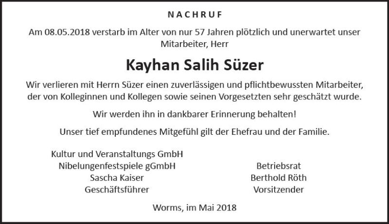  Traueranzeige für Kayhan Salih Süzer vom 26.05.2018 aus Trauerportal Rhein Main Presse