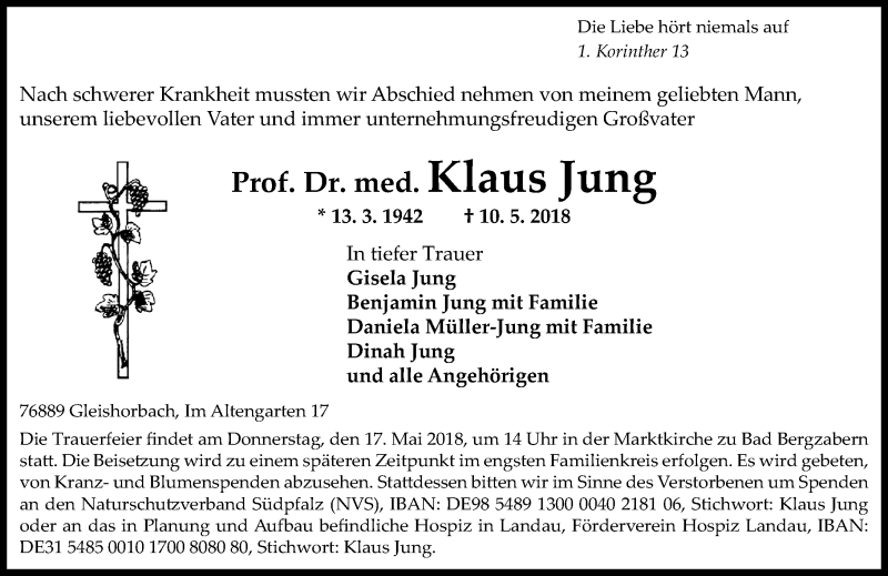  Traueranzeige für Klaus Jung vom 14.05.2018 aus Trauerportal Rhein Main Presse