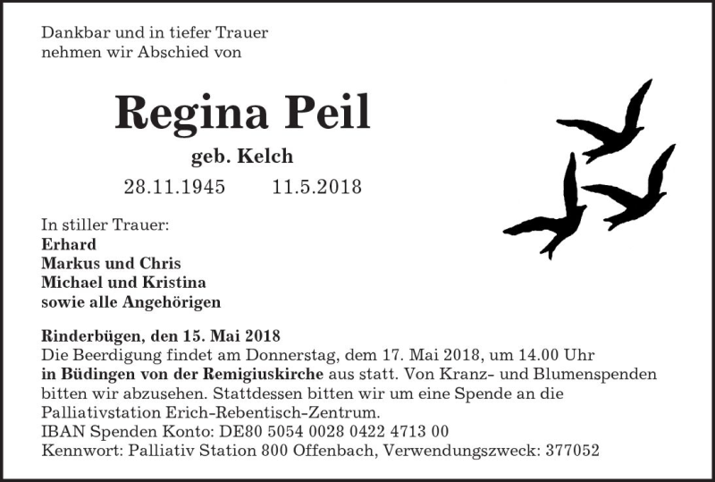  Traueranzeige für Regina Peil vom 15.05.2018 aus  Kreisanzeiger