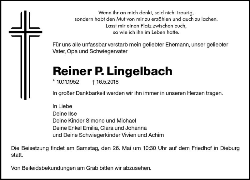  Traueranzeige für Reiner  Lingelbach vom 19.05.2018 aus Trauerportal Rhein Main Presse