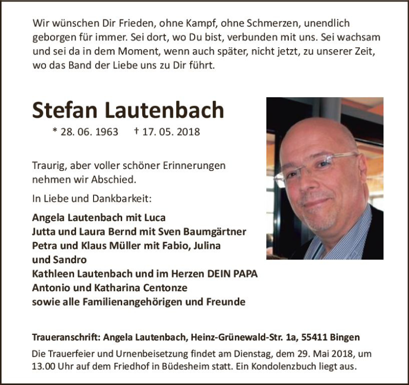  Traueranzeige für Stefan Lautenbach vom 26.05.2018 aus Trauerportal Rhein Main Presse