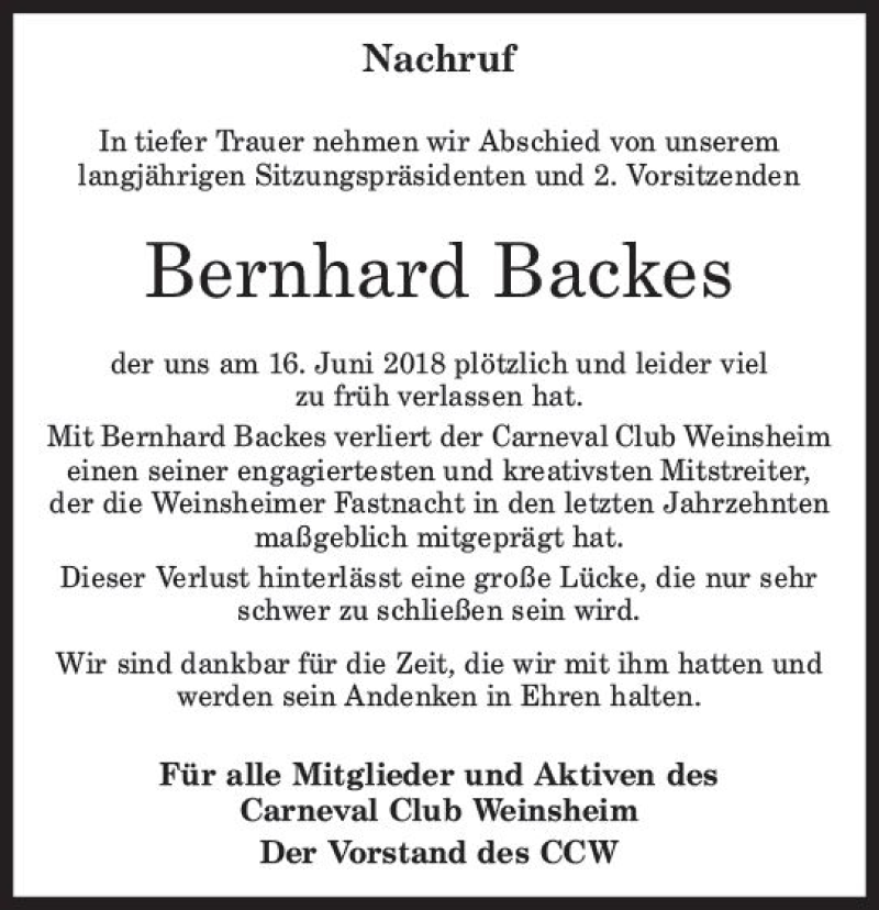  Traueranzeige für Bernhard Backes vom 26.06.2018 aus Trauerportal Rhein Main Presse